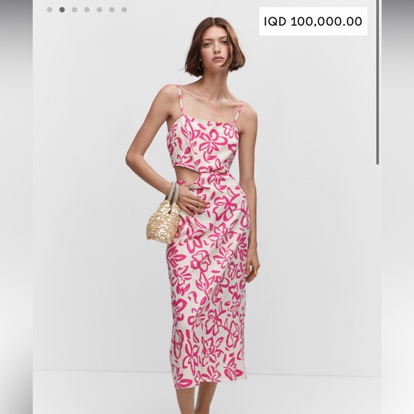 MANGO Floral Cutout Linen Blend Midi Dress Pink - Picture 3 of 9